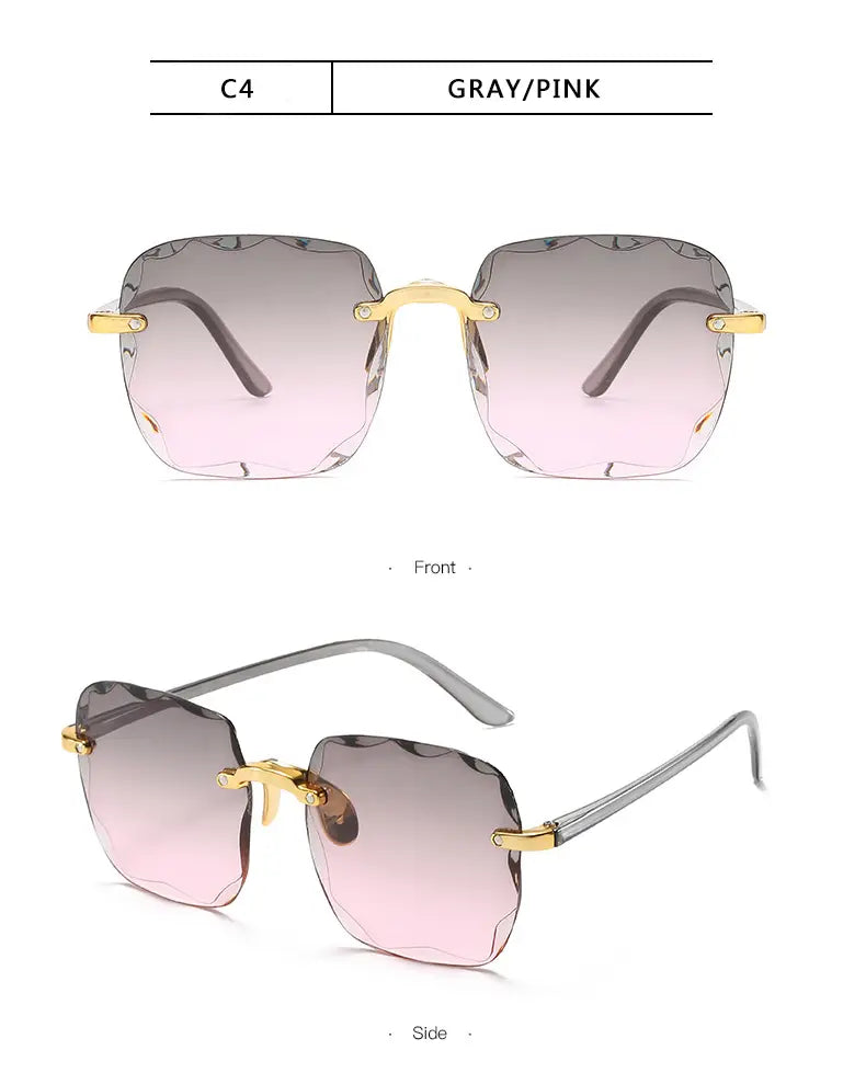 Square gradient sunglasses for women featuring gray and pink gradient lenses in a square frame with gold-tone metal accents.