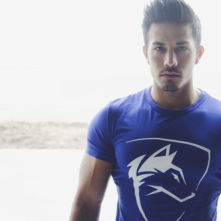 T-shirt d’entraînement gothique pour homme en coton bleu royal, avec un logo audacieux de tête de loup stylisée blanche centré sur la poitrine.