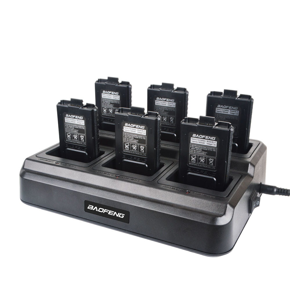 black baofeng bl-5x6 six way rapid walkie talkie charger with six slots holding black uv-5r handheld radios for efficient multi-device charging