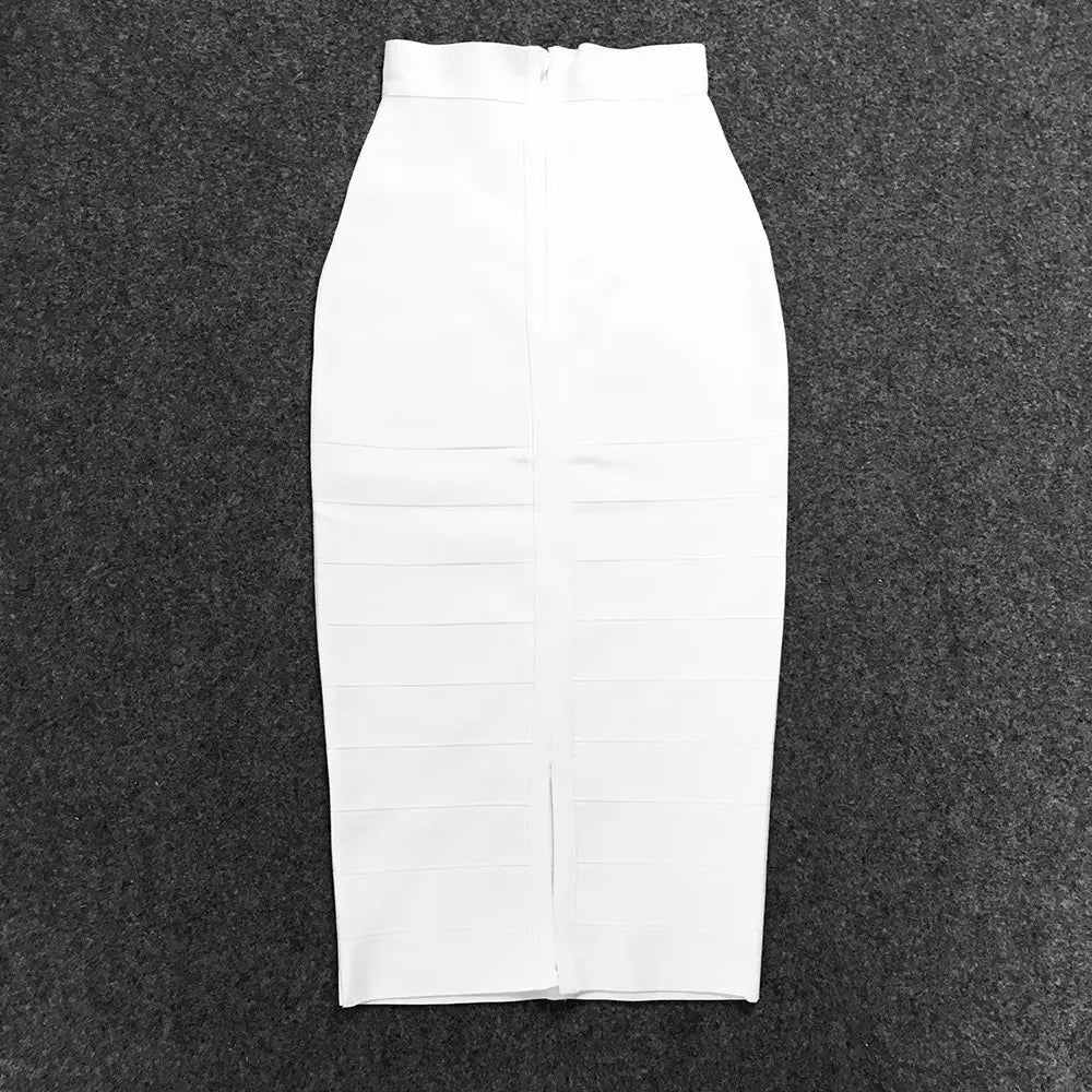 Jupe midi crayon bandeau blanche à taille haute, pour femme, avec un design épuré et ajusté et des détails de couture horizontale discrets.
