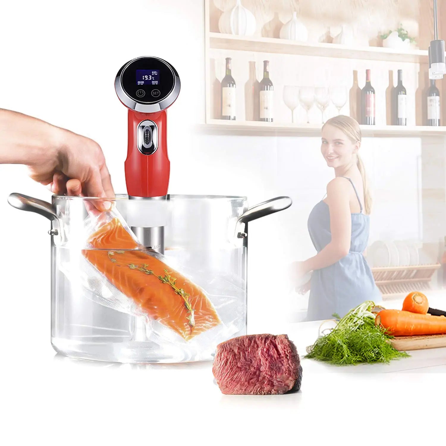 Red and silver precision sous vide immersion circulator with digital display showing 193 degrees paired with textured clear vacuum sealer food storage bags rolls.
