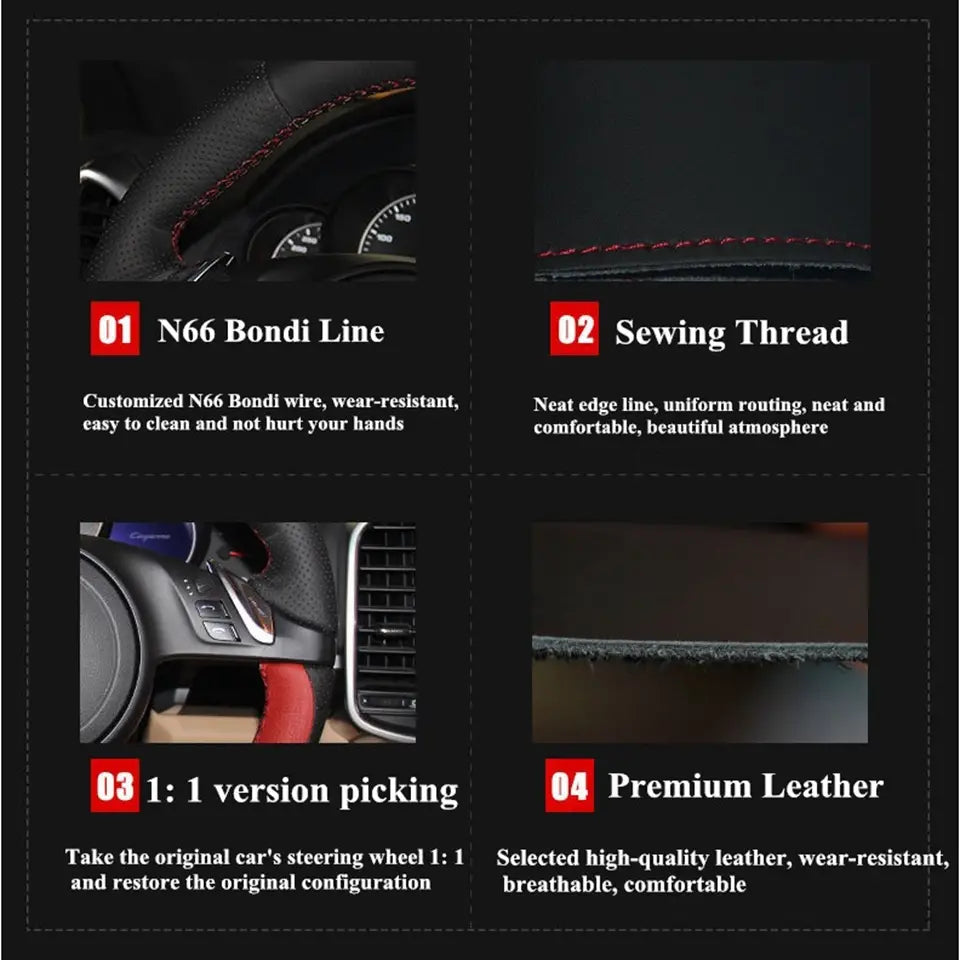 Funda para volante Audi de cuero negro con costuras rojas y un acento rojo a juego en la sección inferior.