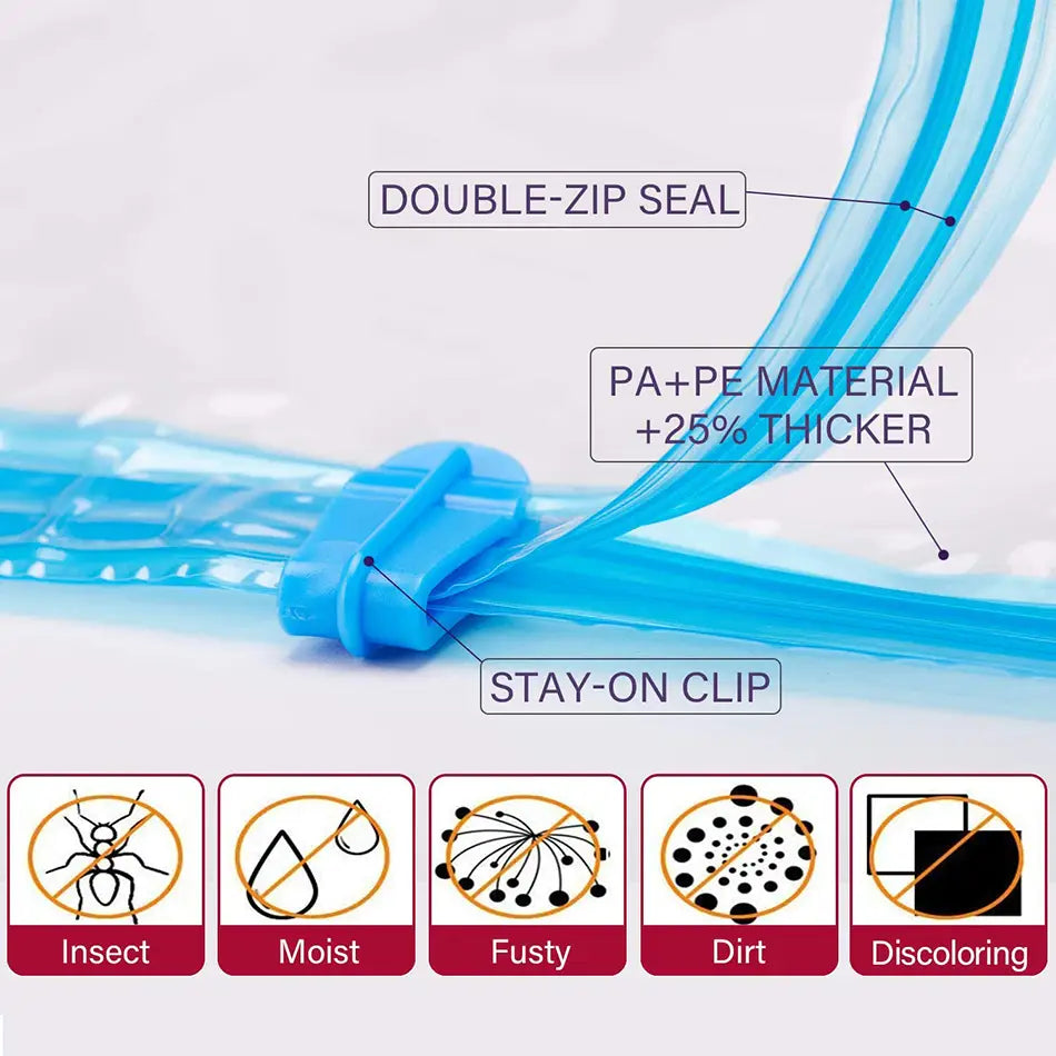 Sac de compression bleu en plastique avec clip de maintien et double fermeture à glissière, avec une pompe manuelle pour les sacs de rangement de la literie et des vêtements