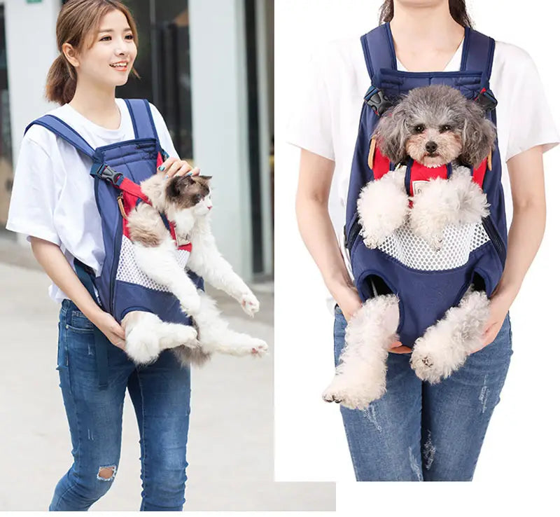 portador tipo mochila azul y rojo para perro mascota y gato para viajes, con paneles de malla gris para un transporte cómodo de la bolsa para perros y ventilación