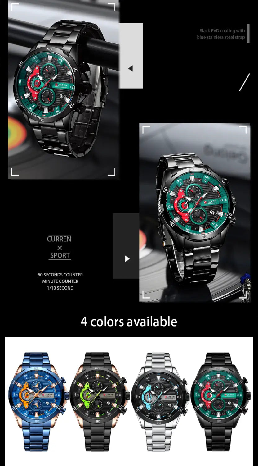 Curren men black green chronograph watch with a stainless steel band and durable design.