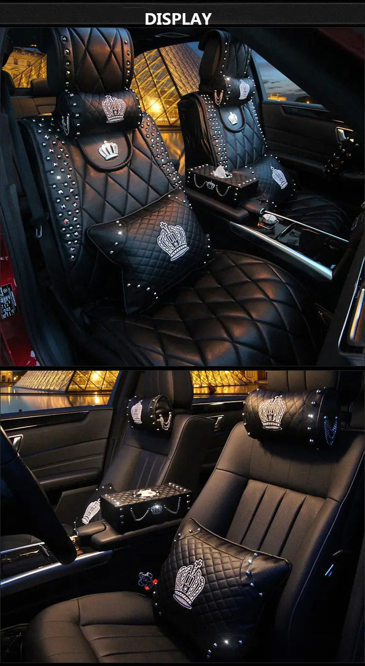 Black quilted leather car seat covers with silver studs and embroidered crown motifs from the Crown Leather Car Steering Wheel Cover Set.