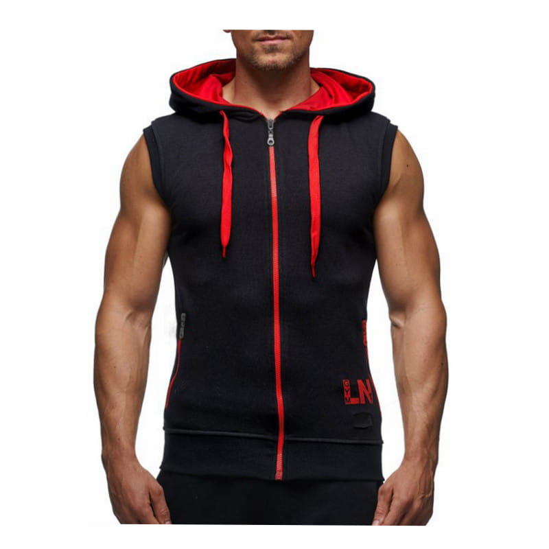 Men sleeveless zip hoodie gym tank top activewear in black with red interior lining, drawstrings, and zipper trim.