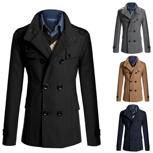 Manteau trench en laine noire pour homme à double boutonnage, doté d’un col structuré et de poignets boutonnés.