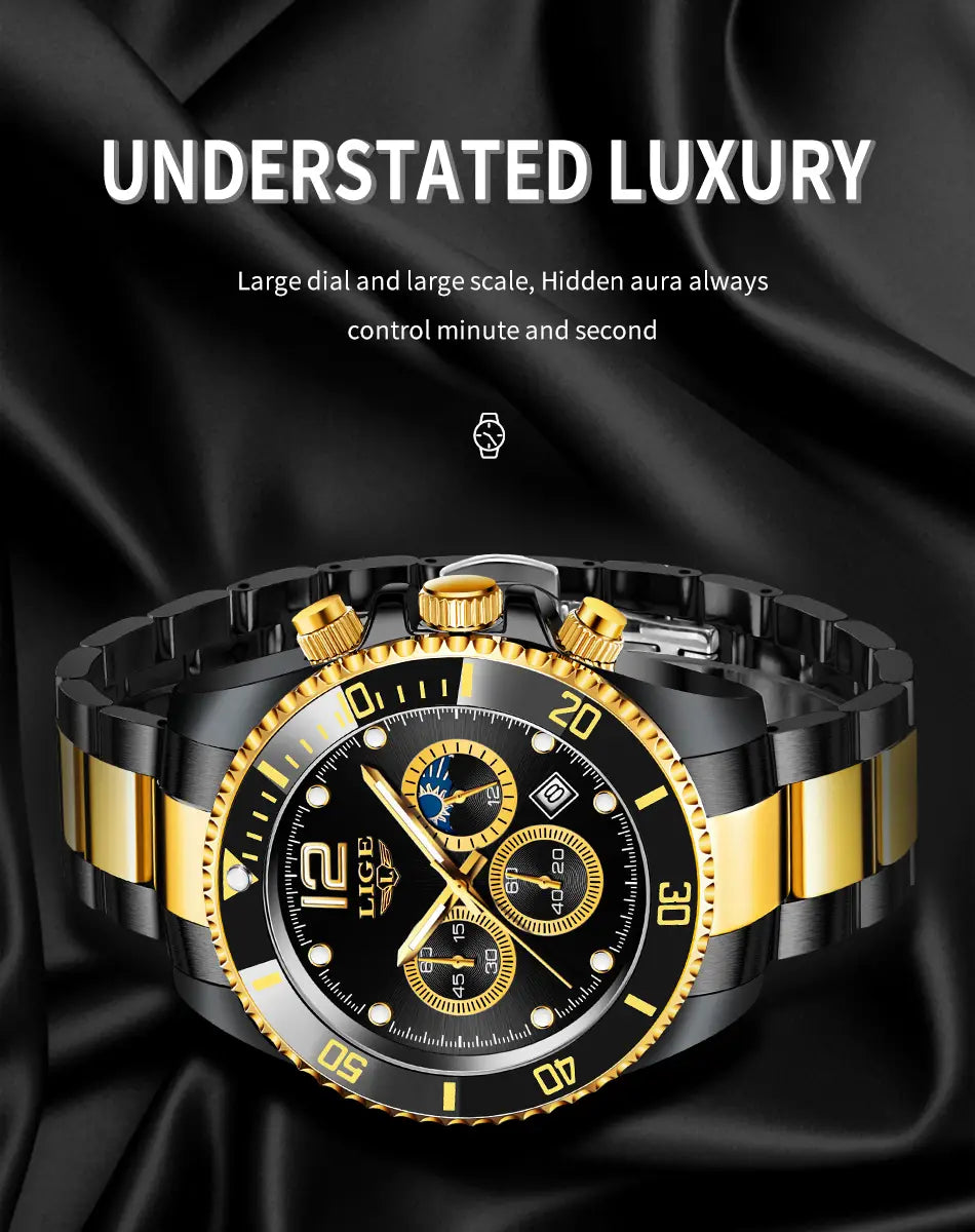 Montre chronographe bicolore or vert Lige au design sportif audacieux, avec un grand cadran noir et or, trois compteurs et un bracelet élégant en acier inoxydable.