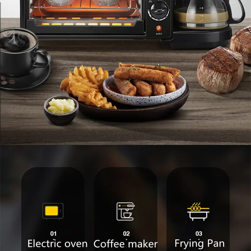 A speckled white ceramic bowl filled with golden brown fried food displayed alongside a 3 in 1 breakfast station coffee maker and toaster oven.