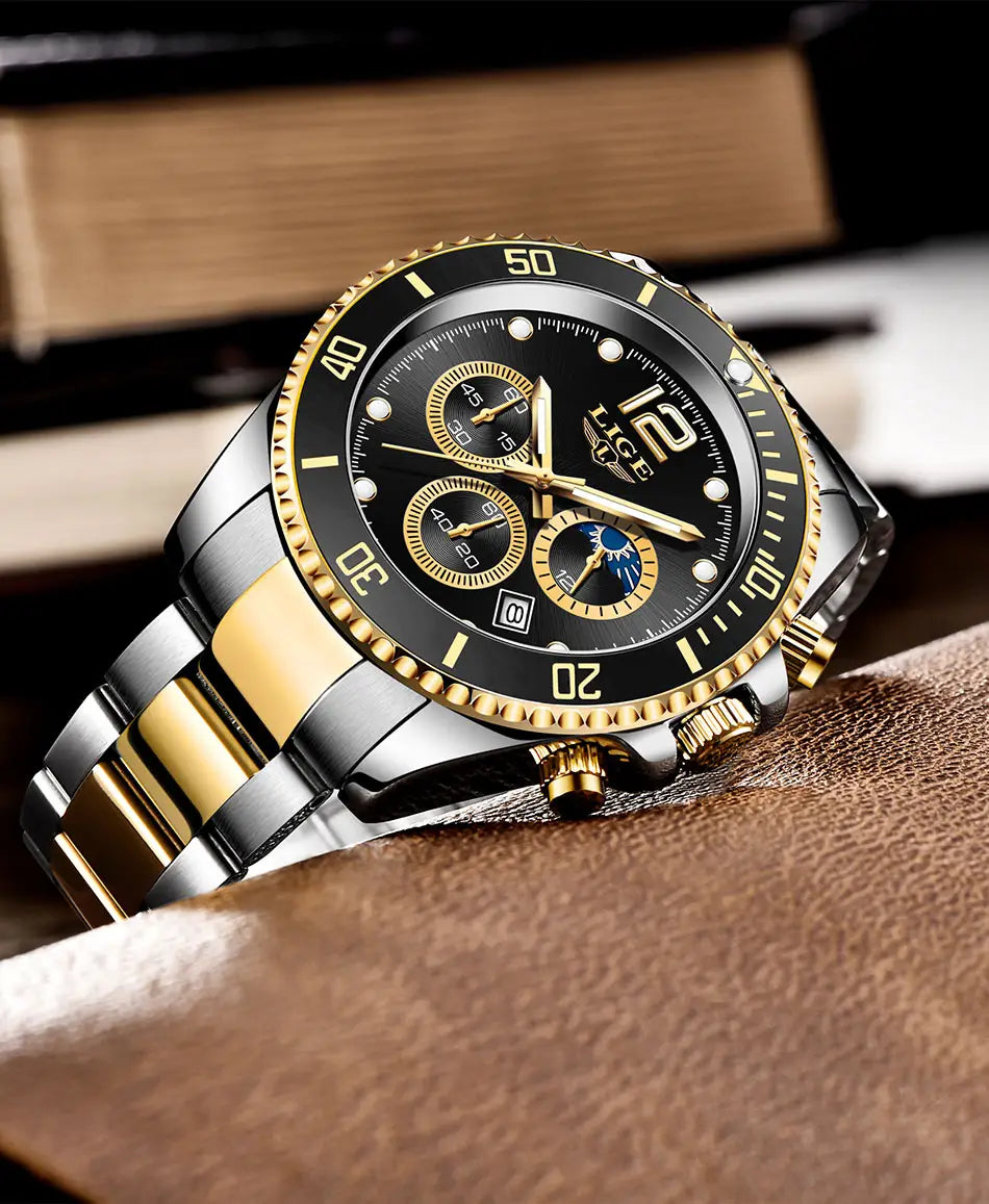 Montre chronographe bicolore or vert Lige au design épuré, avec un boîtier en acier inoxydable et doré, un cadran noir, trois sous-compteurs et une fenêtre date.
