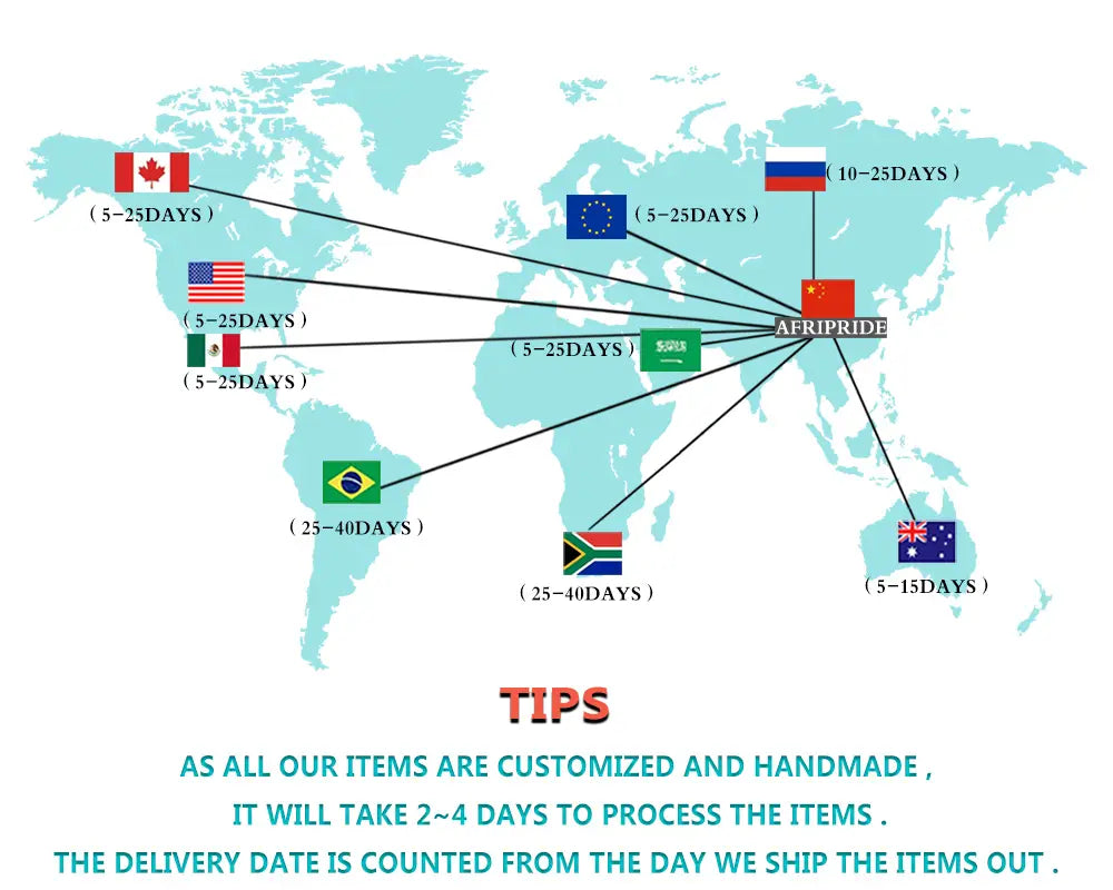 Afripride-Branding: globale Versandzeit-Übersichtskarte, die Lieferdauern in verschiedene Länder mit Flaggen für die Produktseite der gold bestickten muslimischen Gebetsmütze zeigt.