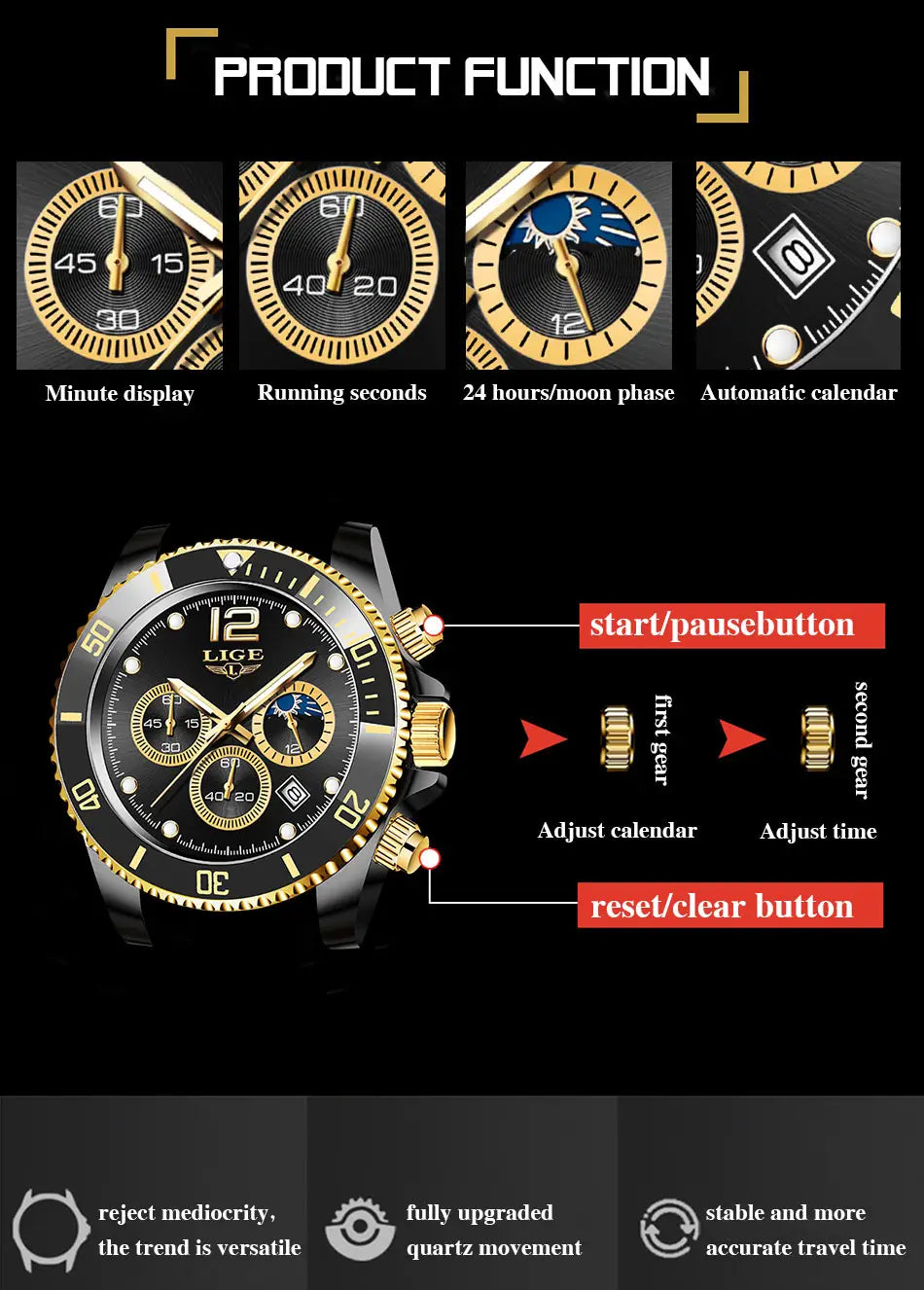 Montre chronographe bicolore noir et or Lige avec cadran noir, trois sous-compteurs, affichage des phases de lune et fonction de calendrier automatique.