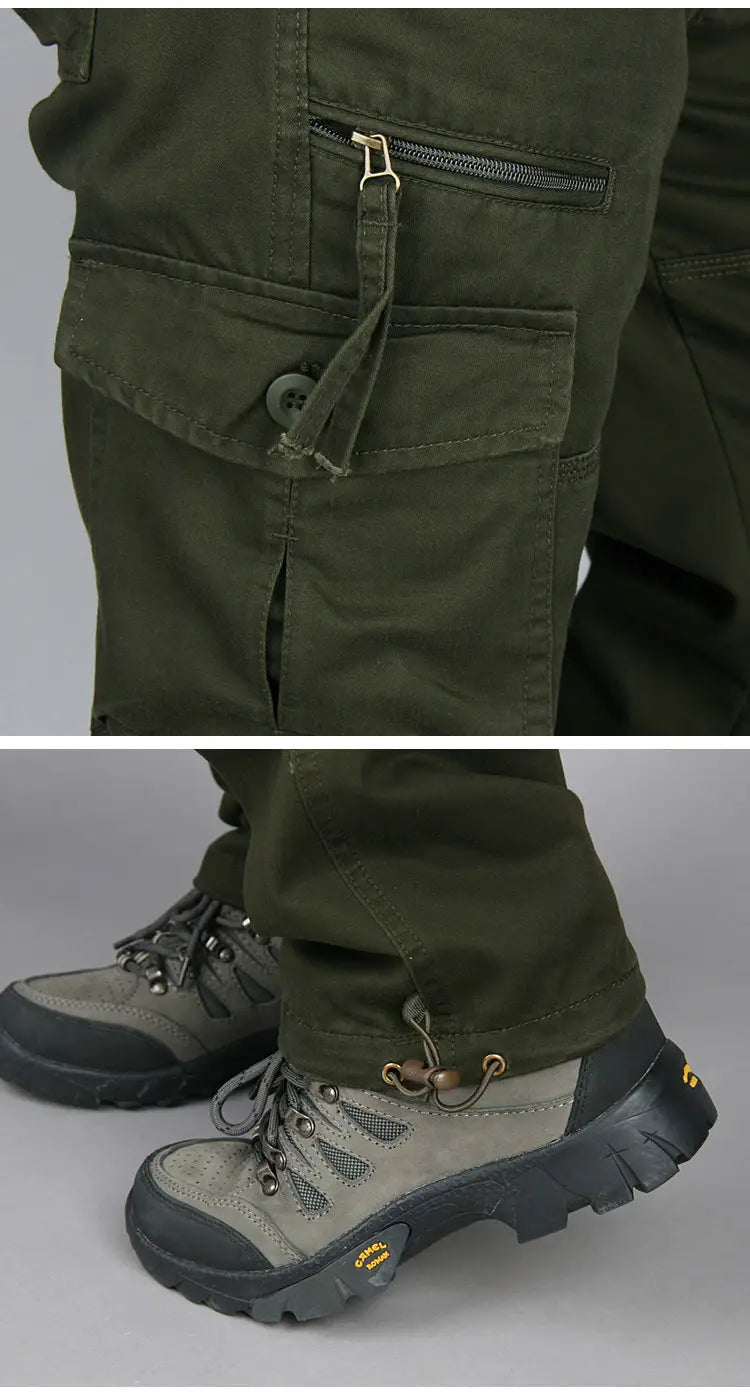 Men tactical cargo pants in olive green cotton featuring multiple pockets and reinforced stitching paired with rugged hiking boots.