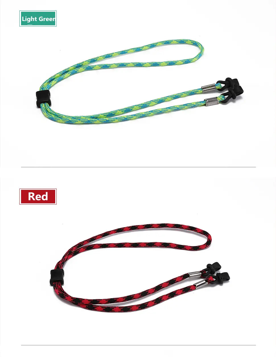 light green and red patterned braided eyewear straps with black plastic clasps non-slip sports cords in a 10 pack