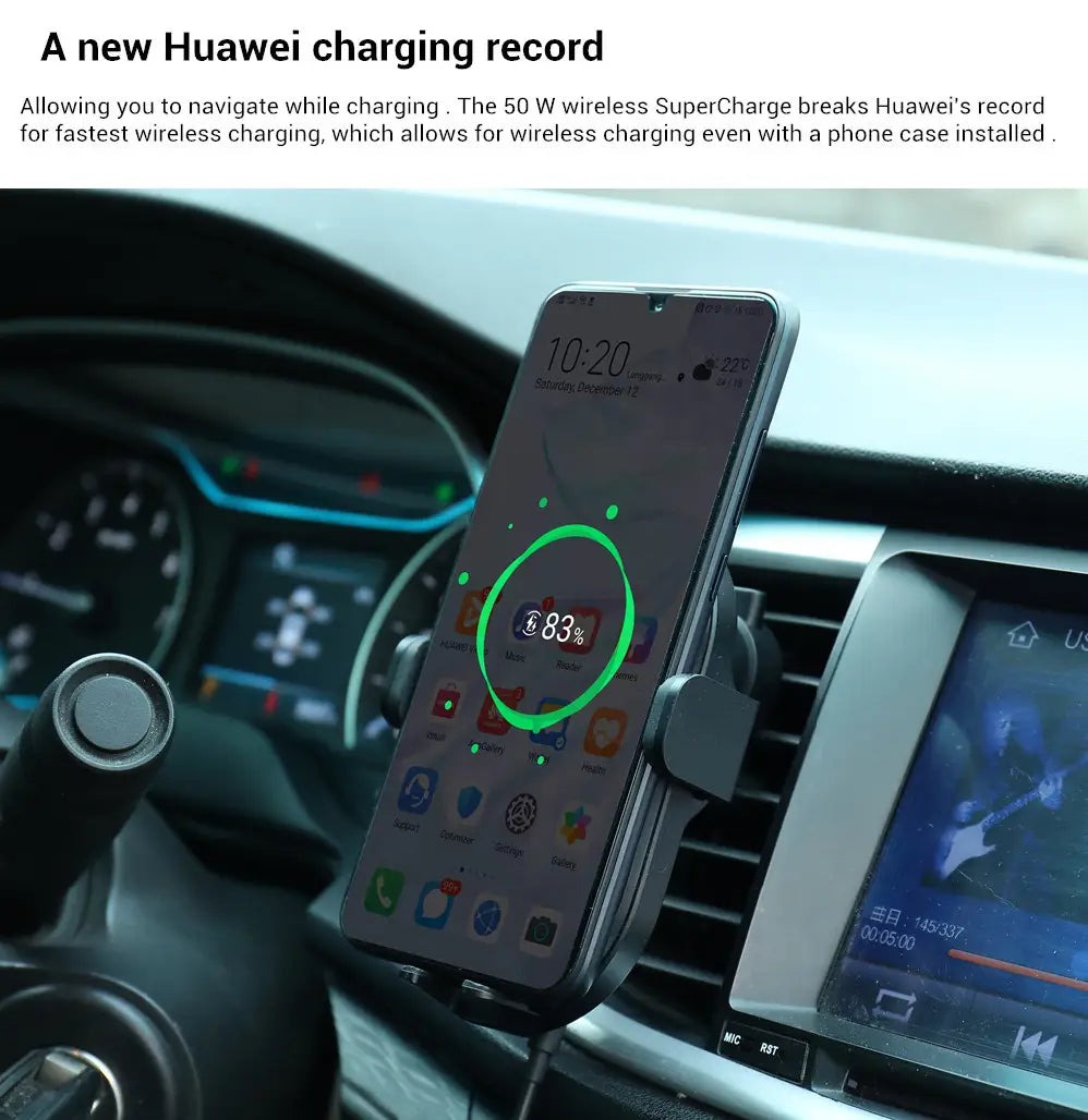A sleek black Huawei 50w wireless car charger phone mount holding a smartphone displaying an 83 percent battery charge indicator.
