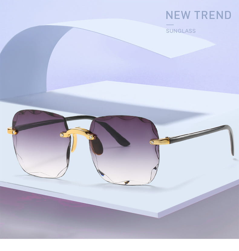Square gradient sunglasses for women in brown and gold feature a gold-toned metal frame with gradient purple-to-clear lenses and a sleek rectangular design with a minimalist bridge.