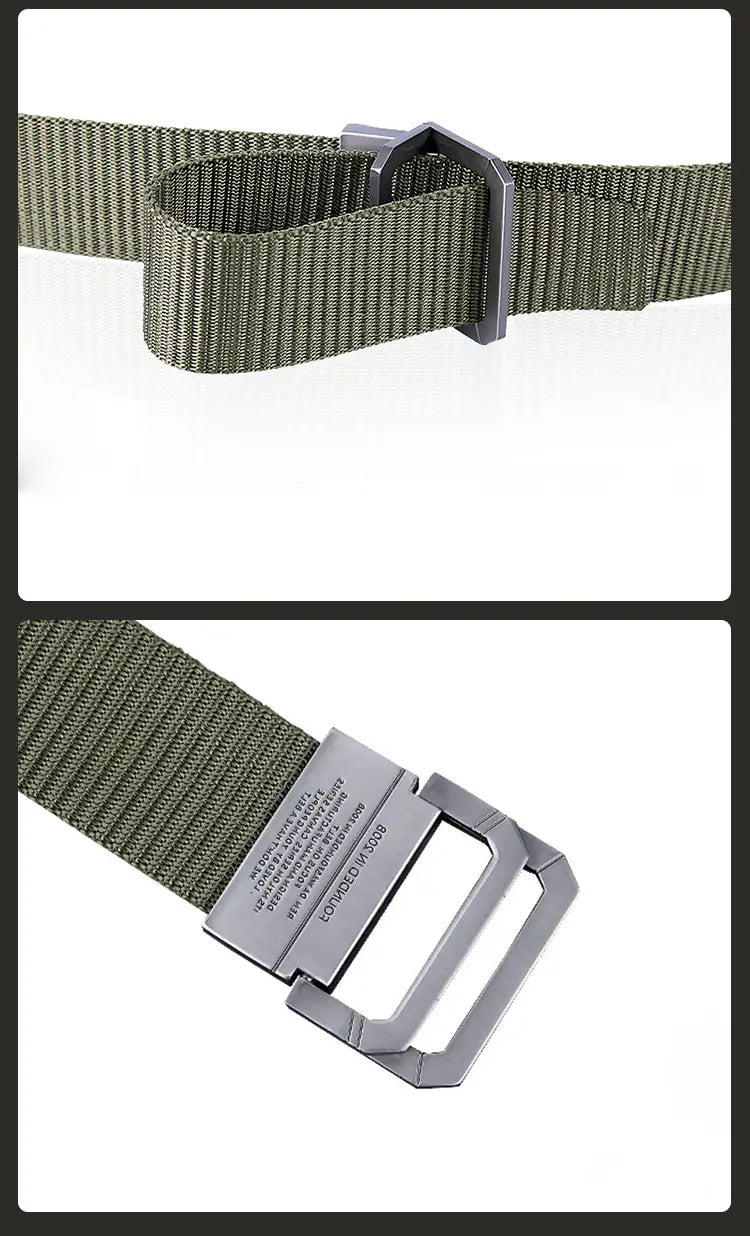 Olive green tactical canvas webbing belt with a matte black automatic metal buckle and plate.