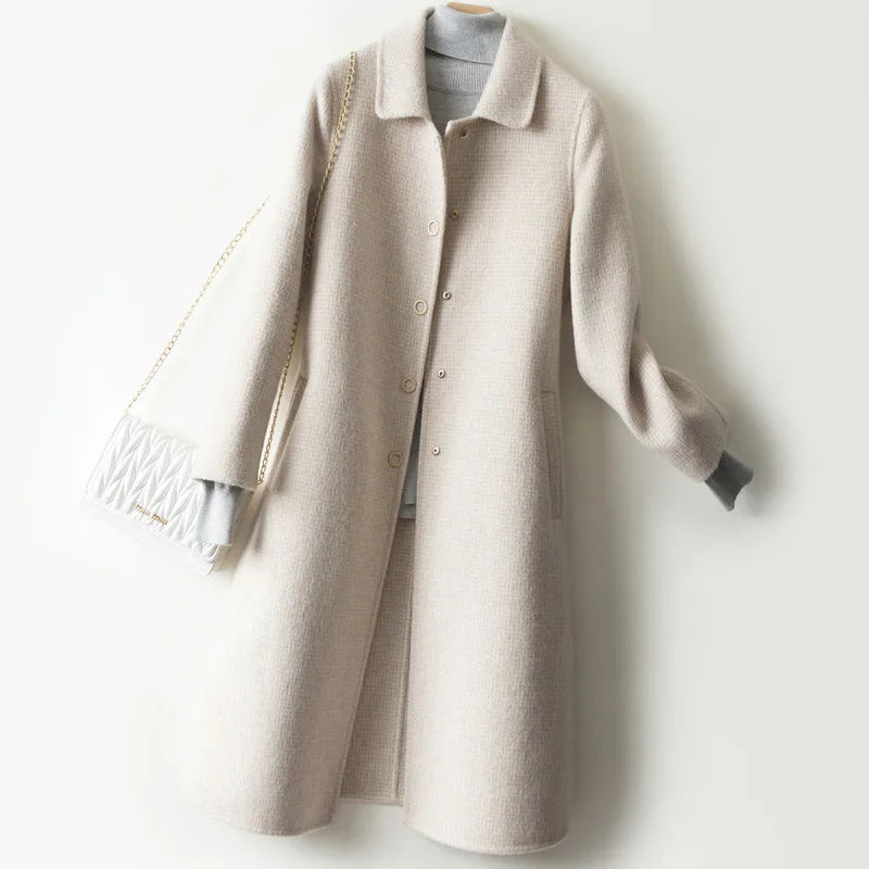 New Women Jacket Winter Woolen Coat Elegant Turn Down Collar Plaid Long Woolen Coat Single-breasted Warm Coat Casaco Feminino