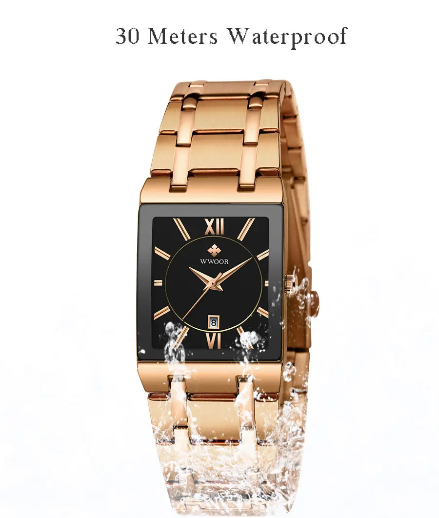Rose gold rectangular wwoor blue square women watch with black face roman numerals stainless steel band and date window at six o’clock position.