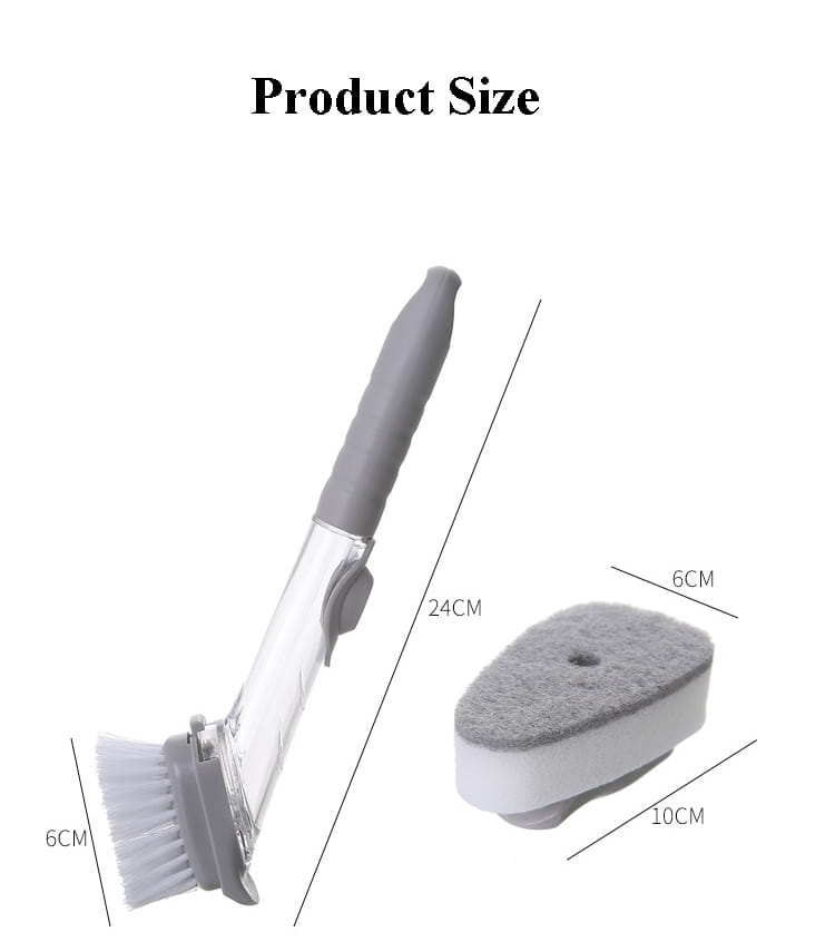 brosse pour distribution de savon pour vaisselle grise et blanche, avec long manche, comprenant des soies souples à double face et un tampon en éponge abrasive, avec manche transparent pour un nettoyage efficace