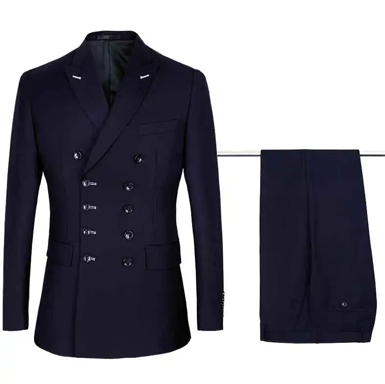 Shenrun Men Suits Slim Fit New Fashion Suit Double Breasted Peak Lapel Navy Blue Black Wedding Groom Party Prom Skinny Costume