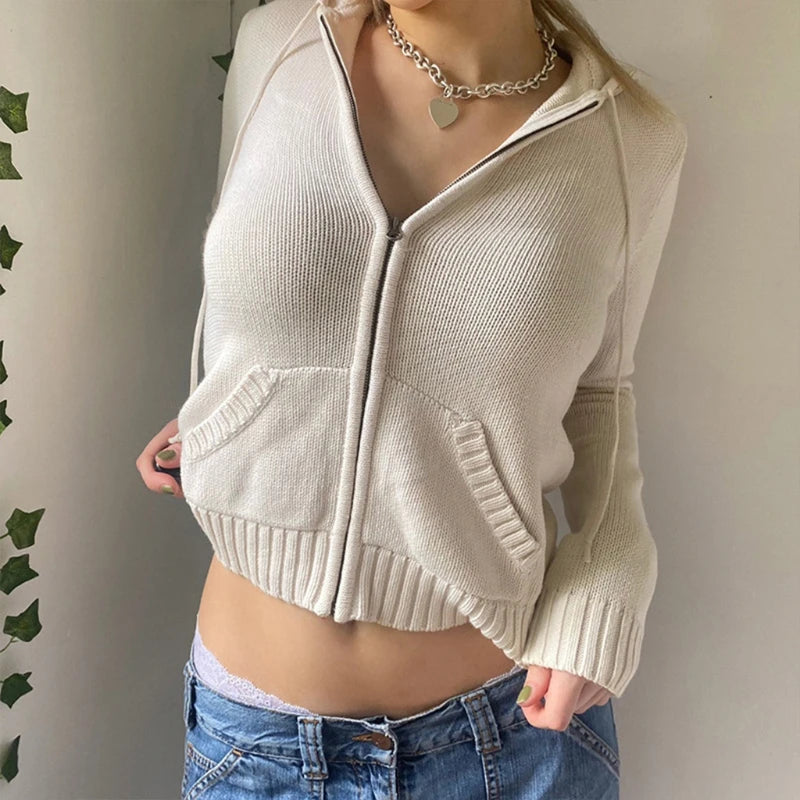 Women Autumn Hoodies Sweater Cardigan Knit Long Sleeve Crop Top Harajuku Color Zipper Front Warm Fit Outwear