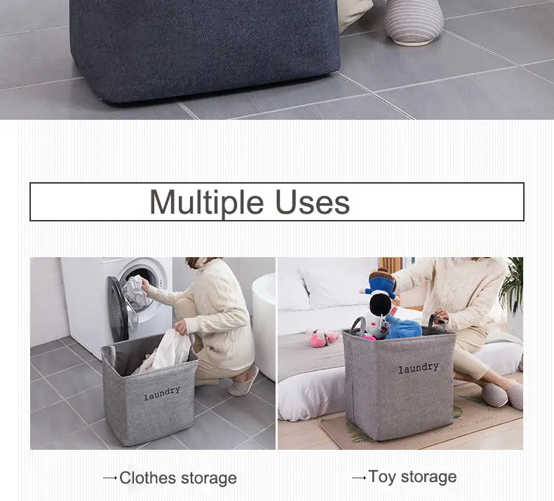 Gray fabric foldable laundry basket with laundry printed on the front designed as a storage basket for organizing clothes.