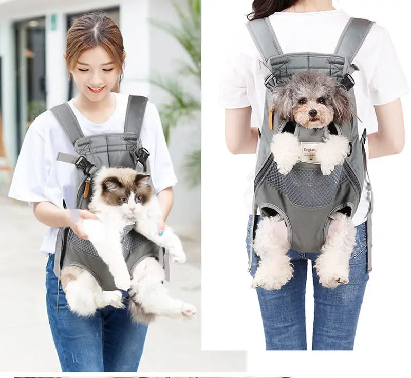 portador tipo mochila de malla gris y tela con correas ajustables para perro mascota y gato para viajes y transporte de la bolsa para perros.