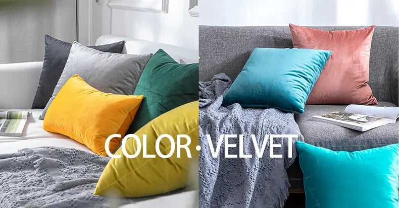 a collection of vibrant yellow, teal, coral, and gray plush velvet cushion covers 45x45cm for sofa decoration featuring floral faux linen texture