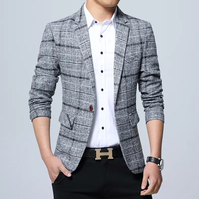 Veste de costume d’affaires en motif écossais pour homme, coupe slim, en gris, avec rayures noires et blanches, présentant une finition en tissu texturé.