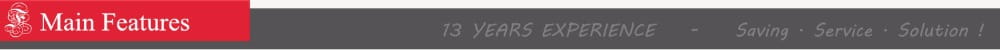 red banner with white text stating main features and smaller gray text highlighting 13 years experience saving service solution for uv-5r desktop charger for baofeng walkie talkie charger hot model