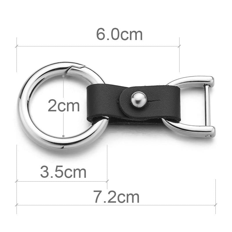 black leather car keychain with silver hardware featuring a metal ring and buckle