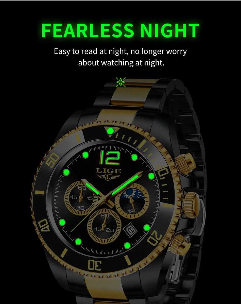 Montre chronographe bicolore noir et or Lige, or vert, avec des chiffres et des aiguilles verts luminescents pour une lisibilité facile dans l’obscurité.