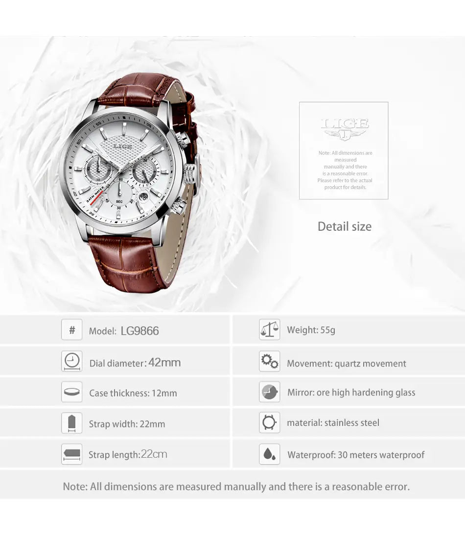 Silver-faced chronograph Lige men’s quartz watch with brown leather strap and stainless steel case.