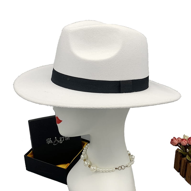white woolen felt fedora hat with black satin band and feather accent suitable for unisex wear
