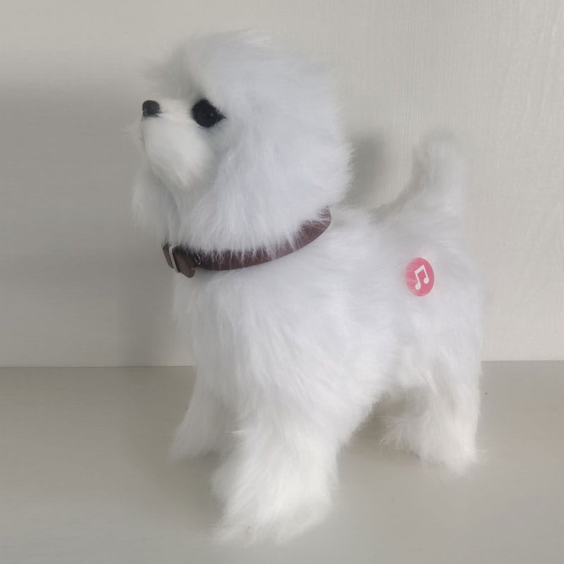 白いぬいぐるみのインタラクティブ・サウンド制御のおもちゃの犬で、茶色の首輪とピンク色の楽譜ノート・ステッカーを備え、歩いて吠えるロボット犬用のおもちゃの一部です。