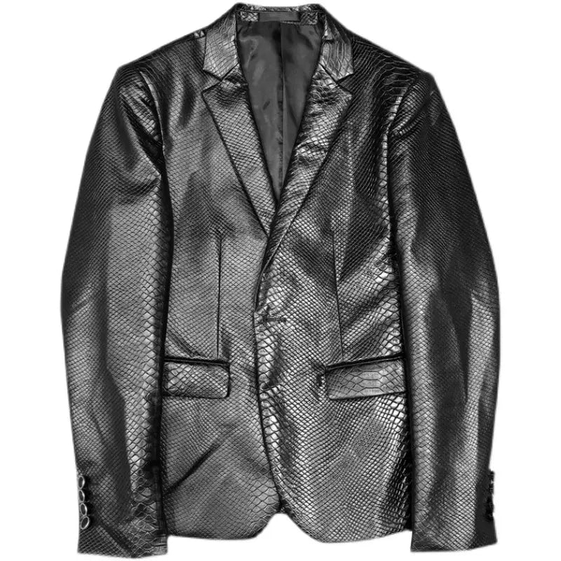 black snakeskin-patterned men faux leather suit coat slim fit blazer with a glossy finish and classic double-breasted design highlighting sleeve length and tailored suit coats style