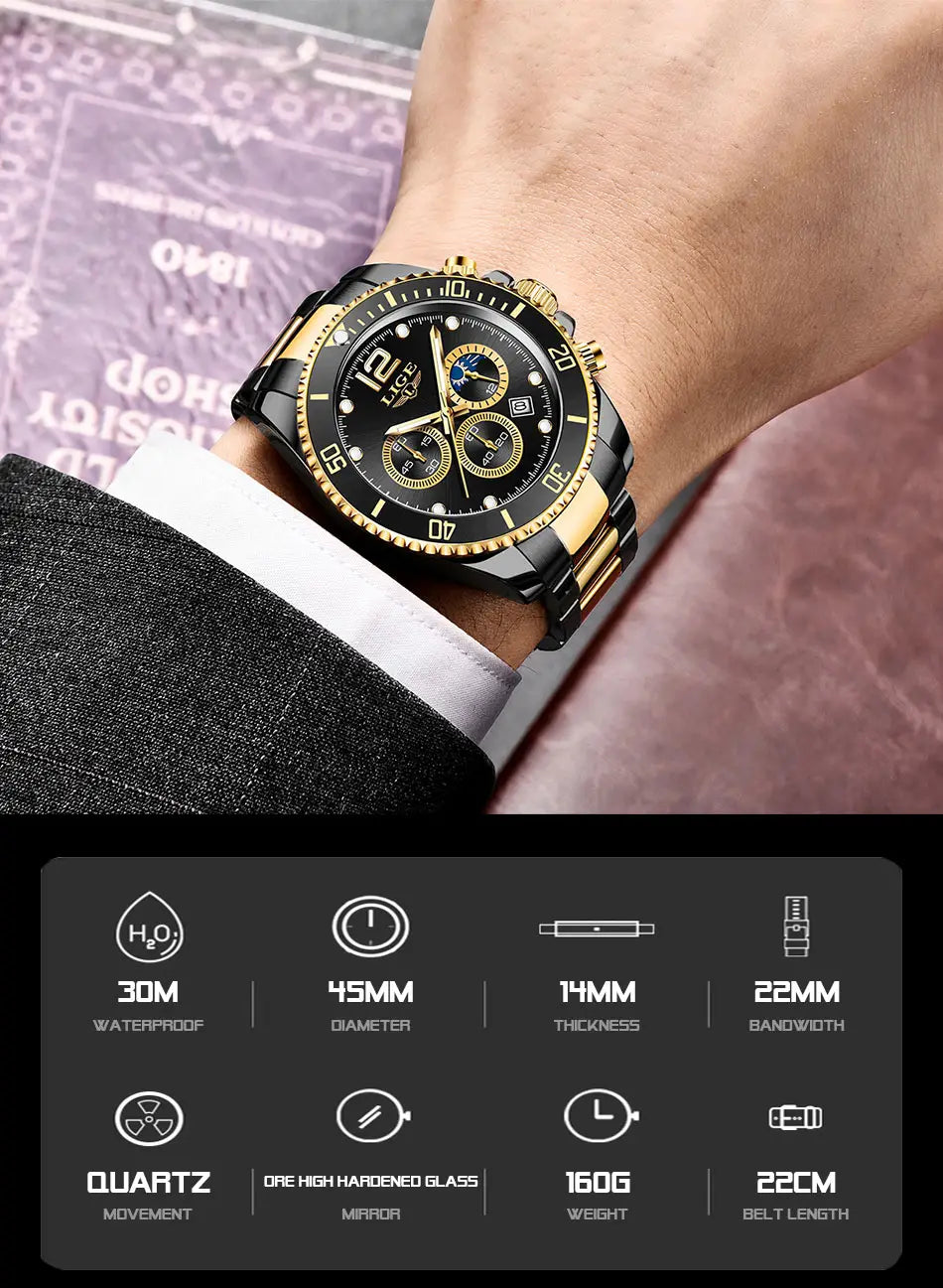 Montre chronographe bicolore or vert Lige avec un cadran noir et or audacieux, élégant, à trois sous-compteurs, et un bracelet en acier inoxydable.