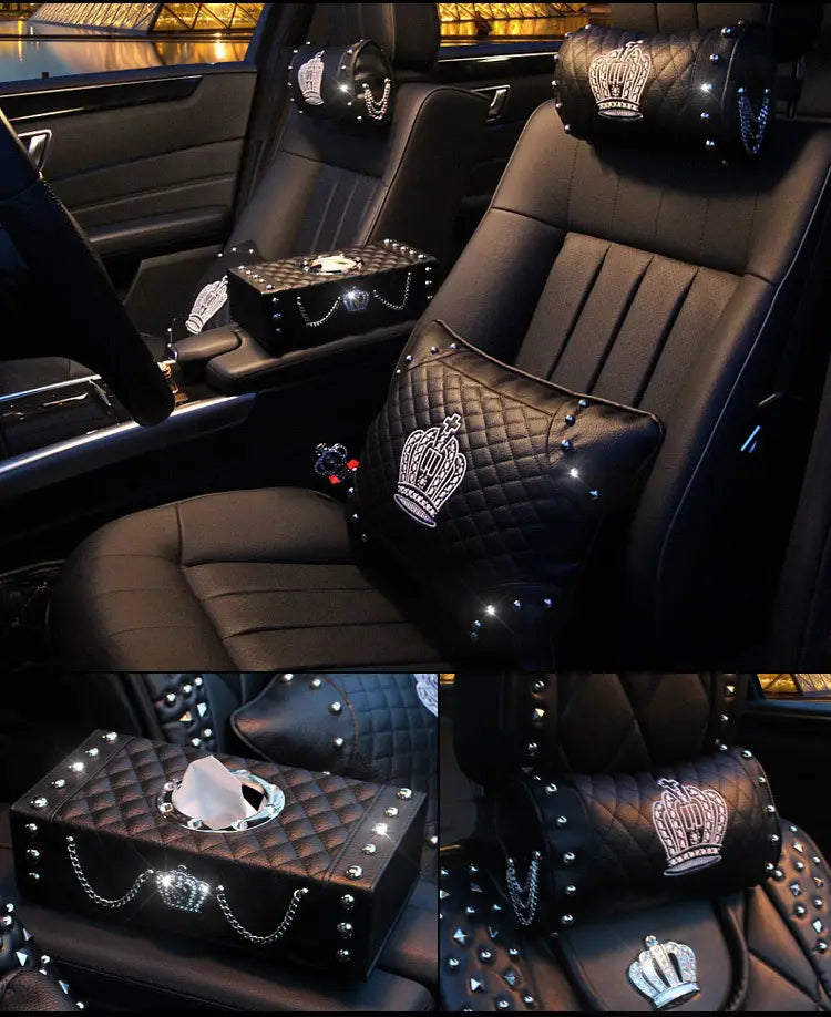 Black quilted leather car steering wheel cover set featuring diamond-studded crown embroidery and chain detailing for luxury interior accessories.