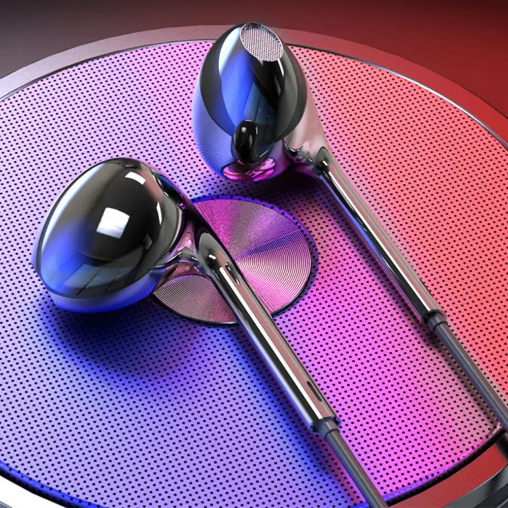 Shiny metallic wired earphones with mic and bass stereo feature sleek reflective surfaces and slender stems designed for wired headphones use.