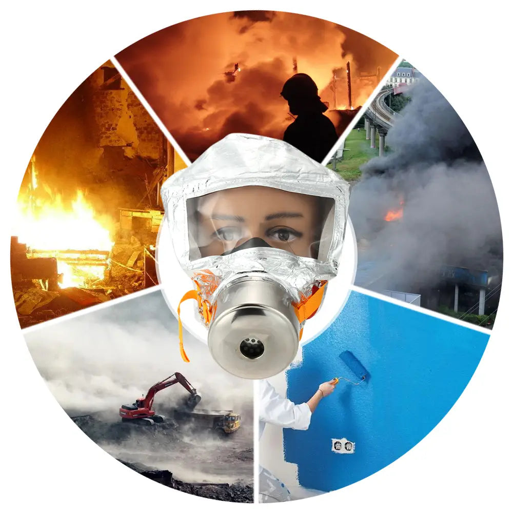 A white fire escape mask 30 minute protective respirator with a reflective face shield, metallic silver filter, and orange straps.