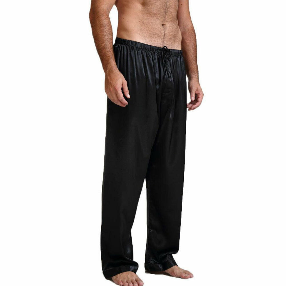 pantalons de pyjama en satin de soie pour homme en noir, avec une taille élastique et un cordon de serrage, pour un ajustement ample et confortable, conçus comme des bas de nuit