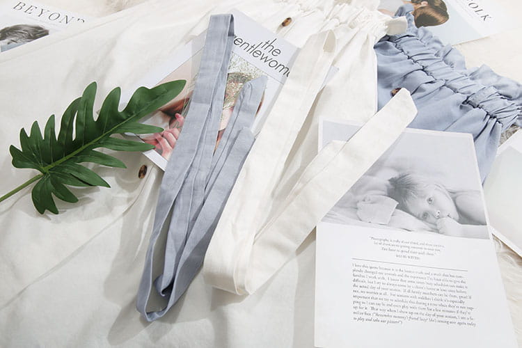 Shorts en tissu froncé bleu clair avec une taille à cordon, assortis à une jupe midi en coton taille haute, robe décontractée en ligne A.