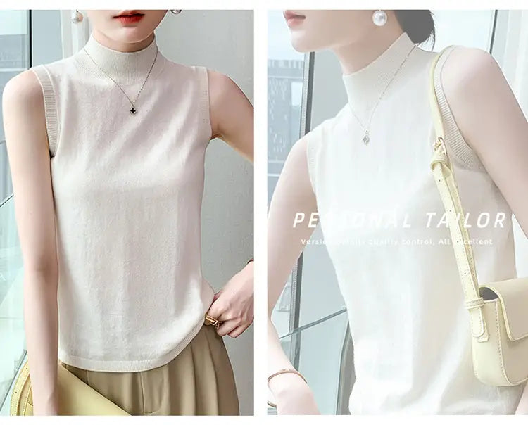 a soft off-white wool turtleneck sleeveless sweater vest made of fine knit fabric