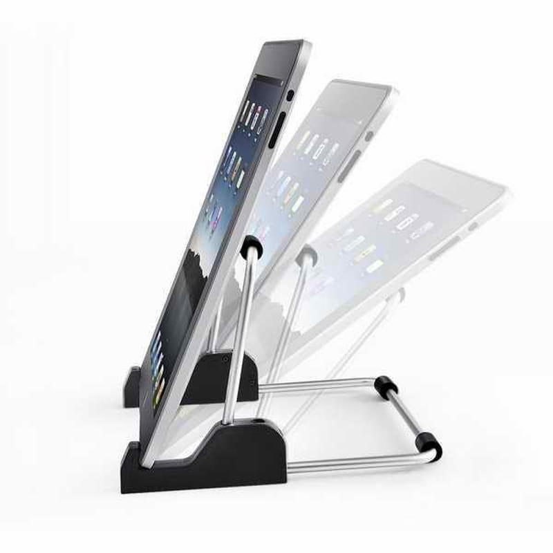Adjustable silver metal tablet holder stand with black plastic base and rubberized grips universal stand for tablets.