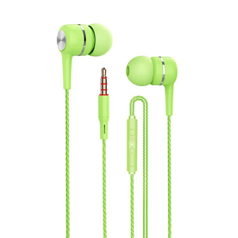 Écouteurs filaires vert citron vert avec accents argentés et câble tressé, comprenant un connecteur 3,5 mm et un casque sport avec micro.