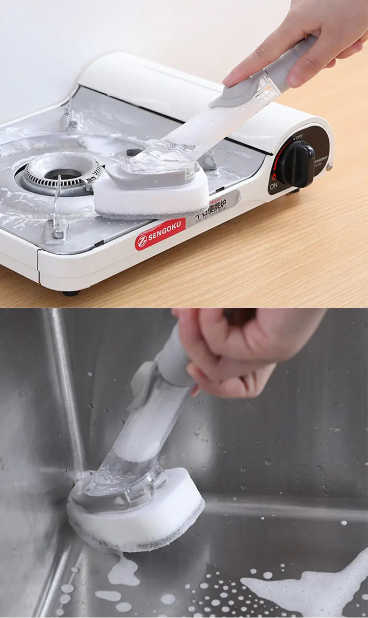 brosse pour distribution de savon pour vaisselle avec long manche, dotée d’un récurant en plastique blanc et gris avec une tête en éponge, conçue pour nettoyer les plaques de cuisson ou les éviers.