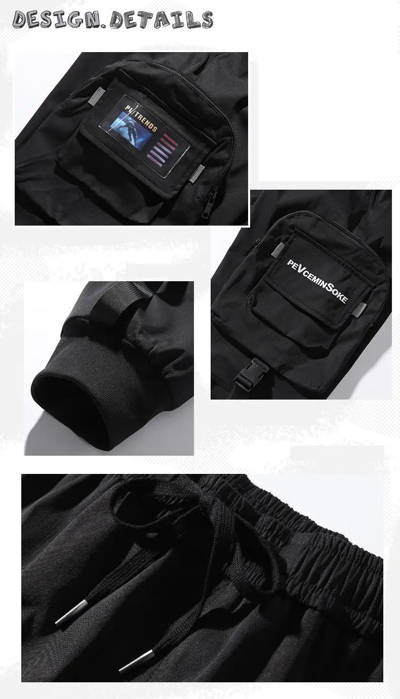 Herren schwarze taktische Cargo-Jogginghosen mit mehreren Taschen, verstärkten Nähten und einem Kordelzug am Bund für Streetwear.