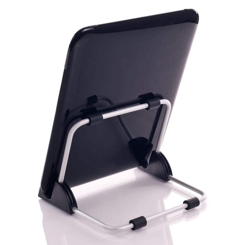 black and silver foldable aluminum tablet holder stand with adjustable arms and rubberized grips universal stand for multiple devices